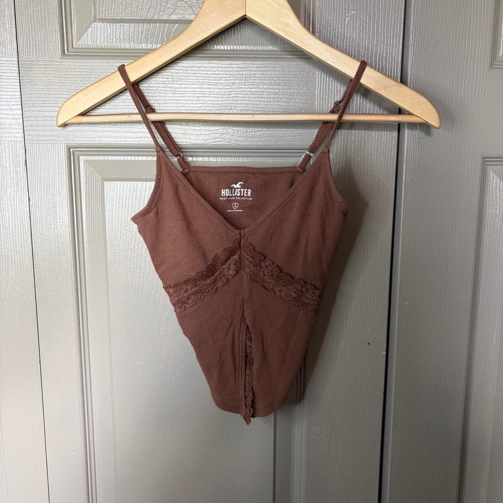 Hollister Brown Lace Ribbed Cami Tank Top Handkerchief Hem Small Y2K Fairycore